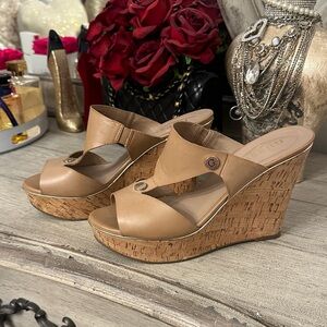 Guess Tan Leather Cork Wedge Sandals
